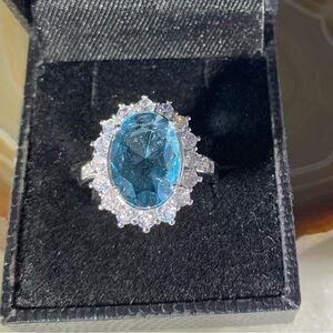 SILVER PLATED BLUE FACATED STONE AND CZ RING SIZE 9